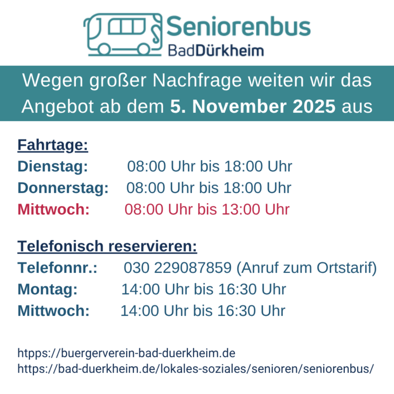 Seniorenbus fährt demnächst auch jeden Mittwoch von 8 bis 13 Uhr
